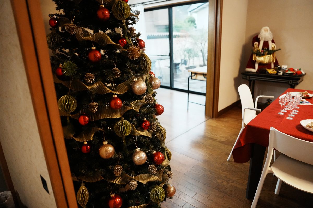 クリスマスツリーやサンタさんに囲まれて